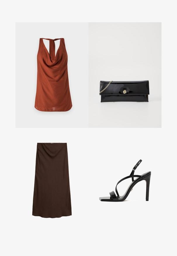 Rdzawoczerwony bezrękawnik z drapowanym dekoltem, odkrytymi plecami i gładkiego materiału. Projekt charakteryzuje się luźnym krojem i brakiem widocznych wzorów.; Koszula z długim rękawem w głębokim burgundowym kolorze. Posiada klasyczny kołnierz, mankiety na dwa guziki oraz zaokrąglony dół. Gładka tekstura, minimalistyczny design.; Brąskowa spódnica do kolan wykonana z gładkiego materiału, z drapowanym wzorem i elastycznym pasem dla komfortu i elastyczności.; Czarne lakierowane sandały na obcasie z kwadratowym noskiem, eleganckim paskiem w kostce oraz krzyżującymi się paskami z przodu, z wysokim obcasem szpilką.; Czarna torebka kopertówka z lakierowanej skóry z złotym łańcuszkiem, charakteryzująca się prostym zapięciem klapowym oraz wytłoczonym logo z przodu. Gładkie, błyszczące wykończenie.