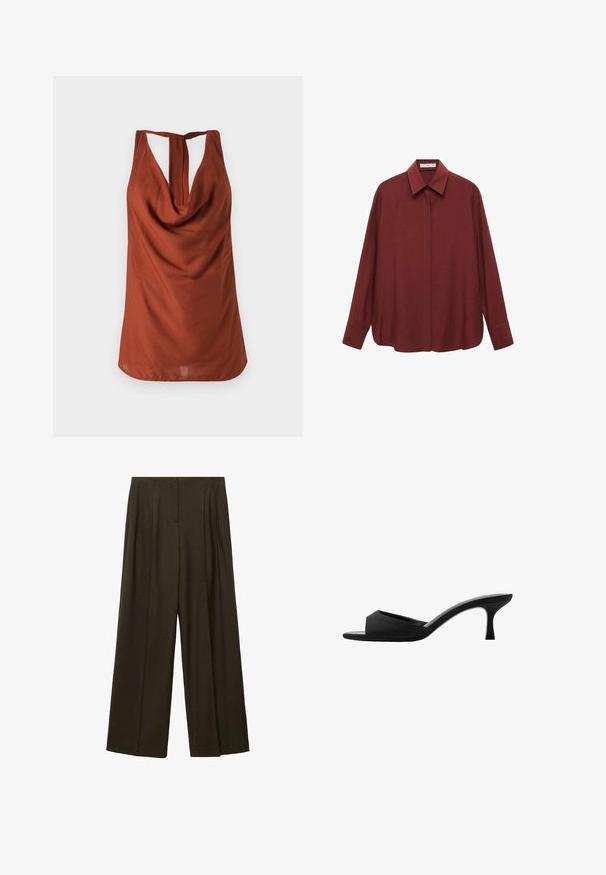 Hrdzavá bezrukávová blúzka s drapovaným výstrihom, otvoreným chrbtom a hladkým materiálom. Dizajn má uvoľnený strih a žiadne viditeľné vzory.; Dlhý rukáv burgundskej košele s vypuklým golierom, predným zapínaním na gombíky a voľným strihom. Vyrobené z hladkej látky s minimálnym dizajnom.; Široké nohavice z tmavozelenej látky s plisovaním, rovný strih a hladká textúra. Žiadne viditeľné kovania alebo akcenty.; Čierne podpätkové mule s širokým, otvoreným prstom a zakriveným zvrškom. Vyrobené z textilného materiálu, s úzkym podpätkom a hladkou podrážkou.