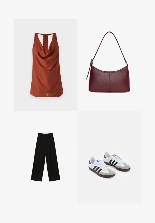 Rustfarvet ærmeløs top med draperet halsudskæring, åben ryg og glat stof. Designet har en afslappet pasform og ingen synlige mønstre.; Sorte brede bukser med høj talje, der har et bælte i taljen og plisseringer for tekstur. Fremstillet af et glat, letvægtsstof.; Sportsko med en overdel i hvid læder, grå ruskind på tåen og tre sorte striber. Har et blåt logo på tungen og en struktureret gummisål.; Kastanjebrun læderhåndtaske med en buet form, en enkelt skulderrem og syninger i midten. Glat tekstur, minimal hardware.