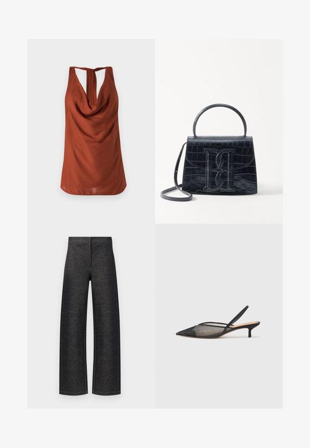 Rustfarvet ærmeløs top med draperet halsudskæring, åben ryg og glat stof. Designet har en afslappet pasform og ingen synlige mønstre.; Bredde ben bukser i sort denim. Har en tekstureret finish med en ren talje og ingen synlige metaldele eller lommer.; NEOUS IRENA - Pumps - black; Sort krokodillede læderhandbag med en struktureret design, top-håndtag, justerbar rem og et fremtrædende frontlogo.