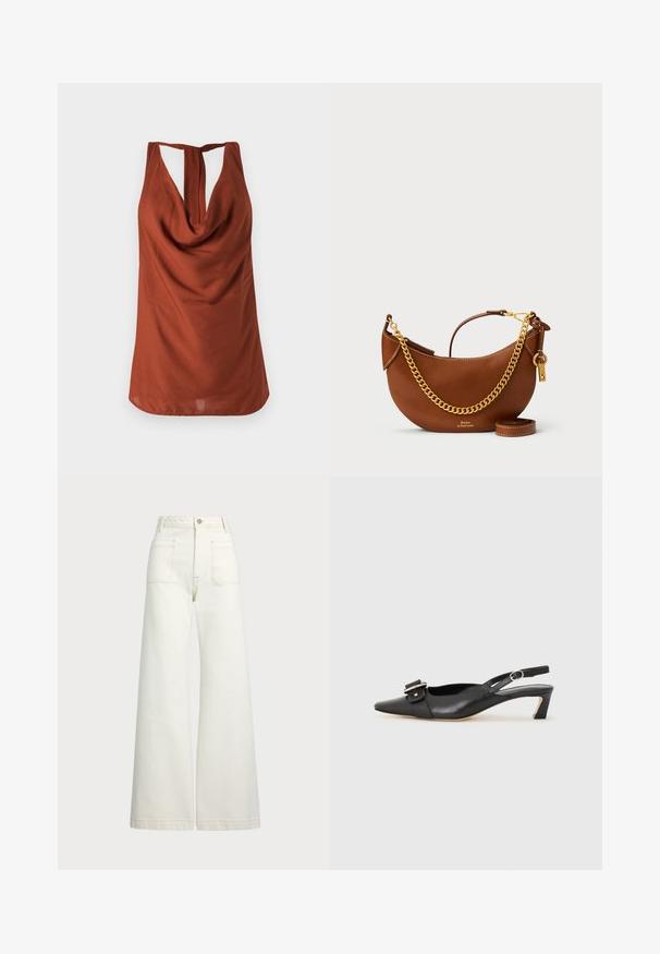 Rauha tooni ilma varrukateta top, millel on langev kaelus, avatud seljaosa ja sile kangas. Disainil on lõdva istuvuse ja ei ole nähtavaid mustreid.; Laiad teksad heledast denimist. Kõrge vöökoht, nööbivöö, kaks esikotitäit ja kontrastsed õmblused.; Must must nahk slingback kingad terava varbaga, väikese kontsaga ja dekoratiivse pandlaga ülaosas. Sile tekstuur, minimalistlik disain.; Pruun nahast käekott kaarjate joontega, kullast ketirihm, sisemine tasku ja eemaldatav õlarihm. Omab kontrastset õmblust.