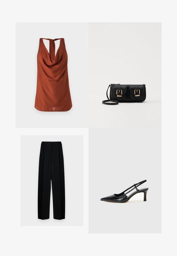 Top brez rokavov v rjavi barvi z drapirano vratnim izrezom, odprtim hrbtom in gladkim materialom. Oblika se ponaša z sproščenim fitom in brez vidnih vzorcev.; Črne široke hlače z visokim pasom, ki vključujejo naborke in gladko teksturo. Tkanina se zdi lahka in elegantno pada.; Črne lakaste slingback pete s koničastim nosom, ki imajo teksturiran vzorec kačje kože, nastavljiv trak in kratek teksturiran blok peto.; Črna usnjena torbica čez ramo z dvema sprednjima žepoma, zlatimi zaponkami, zadrgo in ozkim pasom. Tekstura površine je strukturirana, obliko pa ima kompaktno pravokotno.