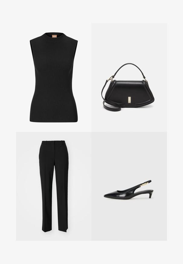 Sleeveless black ribbed top with a high neckline and fitted silhouette, made of stretchy material. Features minimal branding on the neck.; Black tailored trousers with a straight-leg design, featuring a smooth texture and crisp creases along the front. No visible hardware.; Black leather slingback heels with a pointed toe, featuring a slim heel and a gold-tone accent on the adjustable strap. Smooth texture.; Black leather handbag with a structured design, featuring a cropped shape, top handle, and gold hardware accent. Adjustable shoulder strap included.