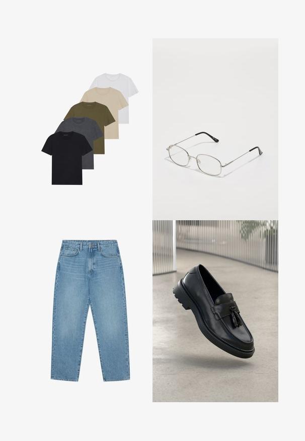 Fem crew-neck t-shirts arrangeret i en gradient: sort, mørk grå, oliven grøn, beige og hvid. Lavet af blødt, åndbart stof.; Lys blå denim wide-leg jeans med høj talje, der har fem lommer, bæltestropper og en blød, let falmet tekstur.; Sorte læderloafer med glat finish, dekorativ kvast, tyk gummisål og syede detaljer. Let og elegant design.; Metal briller med en oval ramme, sølvfarvede bezel og klare linser. Slanke, lige arme med sorte spidser, minimalistisk design.