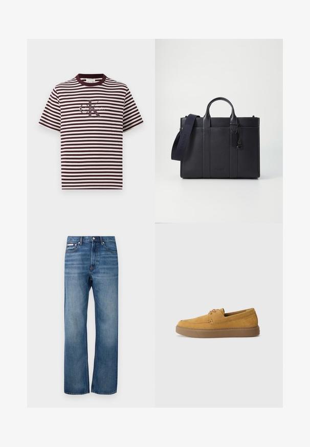T-shirt riscada em bordô e creme, com decote arredondado e mangas curtas. Apresenta o logótipo "Calvin Klein" ao centro. Textura de tecido suave.; Jeans de ganga azul, de perna reta, com ligeira descoloração, fecho frontal com botão e uma pequena etiqueta com logotipo no bolso frontal direito.; Sapatos slip-on em camurça castanha com um acabamento texturizado, bico redondo e sola de borracha em contraste. Apresenta uma marcação discreta próximo ao calcanhar.; Pasta de couro azul-marinho escura com alças superiores duplas e uma alça destacável. Apresenta um acabamento texturizado, costura vertical e detalhe do logotipo.