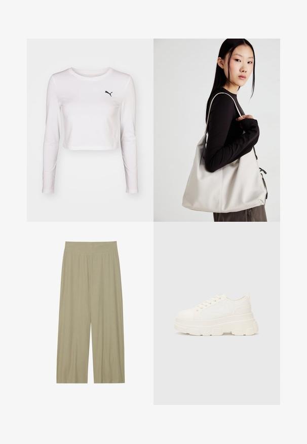 Long-sleeve, cropped t-shirt in white cotton with a black Puma logo on the left chest. Smooth texture, round neckline, and fitted sleeves.; Light olive green, wide-leg pants made of textured fabric with vertical pleats and an elastic waistband for comfort.; White canvas sneaker with a chunky sole, rounded toe, and five eyelets for laces. Back tab for easy wear. Smooth texture, minimalist design.; Beige handbag made of soft material, featuring a slouchy design, stitched detailing, and two shoulder straps. Suitable for everyday use.