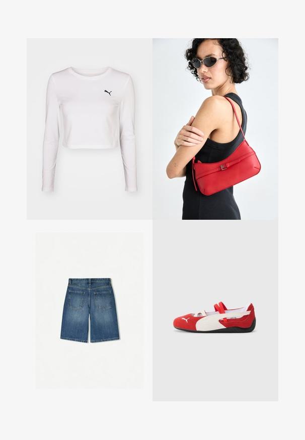 Hosszú ujjú, rövidített fehér pamut póló fekete Puma logóval a bal mellen. Sima textúra, kerek nyakkivágás és testhezálló ujjak.; Közékkék farmer sort, laza fazonnal, két hátsó zsebbel és tiszta, egyenes szegéllyel. Klasszikus öt zsebes kialakítás.; Piros és fehér velúr cipők alacsony profilúak, elasztikus pántokkal és texturált fekete gumi talppal. Puma logó az oldalon.; Piros bőr válltáska sima felülettel, ívelt dizájnnal és dekoratív csattal. Állítható pánt és cipzáras záródás.