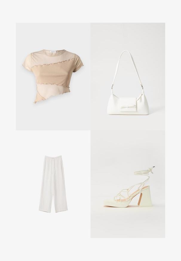 Beige crop top lavet af blødt stof, med en flæset kant og asymmetrisk design med kontrasterende teksturer. Korte ærmer og rund hals.; Hvide bukser med bred benlængde lavet af et letvægtsstof. Har et elastisk talje med snor og sidelommer. Glat tekstur.; Hvide højhælede sandaler med en kraftig hæl, der har et stropdesign og ankelbinding. Glat tekstur med en platform foran for ekstra højde.; Hvid syntetisk håndtaske med en trekantet form, flad forsideklap og sløjfedetalje, justerbar strop, glat tekstur og minimalistisk design.