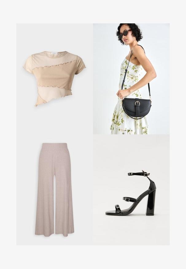 Bežinė trumpoji viršutinė dalis, pagaminta iš minkštos medžiagos, su raukšlėta apačia ir asimetrišku dizainu, kontrastingomis tekstūromis. Trumpi rankoviai ir apvalus kaklas.; Šviesiai pilki plačios kojų kelniai, pagaminti iš minkštos, ruoželinės medžiagos, su aukštu liemeniu ir pilno ilgio kojomis, švelnia tekstūra.; Juoda blizgi lakuota basutė su kvadratiniu pirštu, kulkšnies dirželiais ir sidabro sagtimis. Yra tvirta blokinė kulno konstrukcija, užtikrinanti stabilumą.; Juodas odinis krepšys su išlenkta forma, nuimamu dirželiu ir auksiniais detalėmis. Krepšys turi kilpą su sagtimi.