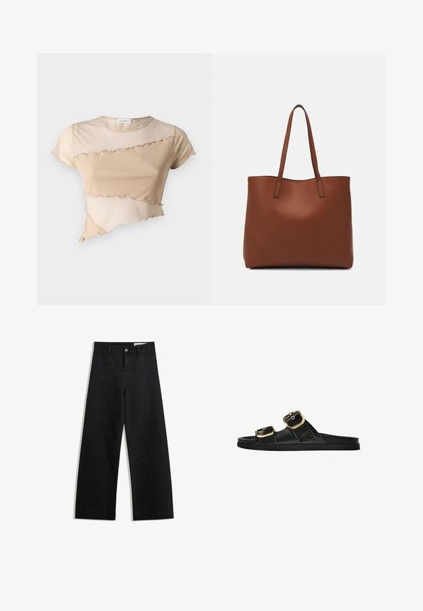 Beige kort topp made av mjukt tyg, med en volangkant och asymmetrisk design med kontrasterande texturer. Korta ärmar och rundad halsringning.; Svarta vida denimbyxor med hög midja, med fram- och bakfickor, sydda sömmar och knappstängning. Slät textur.; Svart glidsandal med två guldfärgad spännen, slät textur av material, platt sula och en minimalistisk design.; Brun läder tote-väska med en slät textur, öppen toppdesign och två axelremmar. Har minimal söm och ingen synlig metalldetalj.