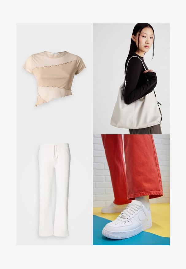 Top cropped bege feito de tecido suave, com uma bainha franzida e um design assimétrico com texturas contrastantes. Mangas curtas e gola redonda.; Calças de fato brancas, de corte descontraído, feitas de um tecido macio, com um cós elástico e um cordão de ajuste, apresentando um design de pernas retas.; Sapatilha de couro branca com biqueira perfurada, sola texturizada e atacadores brancos, combinada com calças largas vermelhas e um fundo azul e amarelo.; Uma bolsa bege feita de material macio, com um design descontraído, detalhes de costura e duas alças para o ombro. Adequada para uso diário.