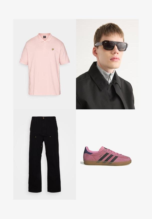 Lyle & Scott PLAIN - Polotričko - palm pink; Černé džíny s rovnými nohavicemi, s akcenty zlatého kovu a viditelným švem na předních i zadních kapsách.; Růžové semišové tenisky s černými pruhy, gumovou podrážkou a strukturovaným fialovým podpatkem. Disponují šněrovacím designem a embosovaným logem na boku.; Dýmkové sluneční brýle s černými akcenty a obdélníkovým tvarem. Šedé nožičky mají logo značky. Nosené s černým kabátem a šedým topem s vysokým límcem.