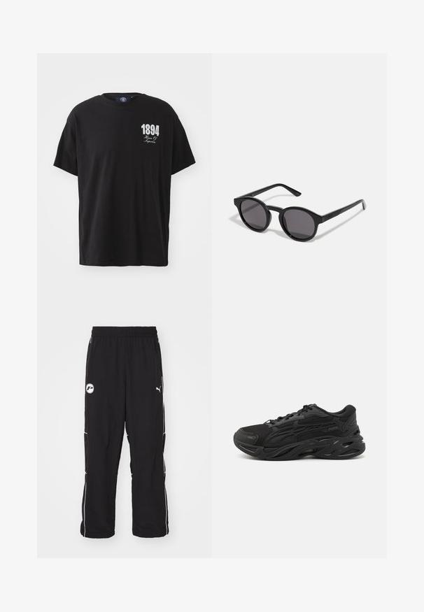 Černé bavlněné tričko s kulatým výstřihem, krátkými rukávy a bílým potiskem "1894 House Of Hyperbia" na levé části hrudi.; Černé sportovní kalhoty volného střihu s elastickým pasem, bílým bočním lemem a logem na levém stehně. Lehký materiál.; Černé sportovní boty s prodyšnou síťovinou a syntetickým materiálem, s texturovaným designem, zaoblenou špičkou, silnou podrážkou a výrazným logem značky.; Černé sluneční brýle s kulatým, mírně vlnitým rámem, tmavými skly a rovnými černými nožkami. Hladký, lesklý povrch bez viditelných vzorů.