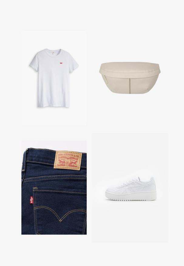 Witte katoenen t-shirt met korte mouwen en een ronde hals. Bevat een klein rood Levi's-logo op de linkerborst.; Donkerblauwe spijkerbroek van denim met een tan lederen label met rode bedrukte tekst en ontwerp. Bevat het rode Levi's-logo op de achterzak.; Witte platform sneakers met een gladde leertextuur, geperforeerde details en platte veters; voorzien van een dikke witte rubberen zool.; Beige stoffen zakje met een afgeronde vorm, voorzien van een platte bovenkant en subtiele naaddetails. Inclusief een minimalistisch logo en een zijstrap.