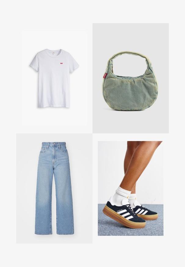 White cotton t-shirt with short sleeves and a round neckline. Features a small red Levi's logo on the left chest area.; Light blue high-waist wide-leg jeans with front button and zip closure, front and back pockets, on a white background.; Black suede sneakers with white stripes and accents, rounded toe, gum rubber outsole, paired with white ribbed crew socks.; Light blue denim handbag with short padded handle and small red Levi's logo tag on the side, set against a plain background.