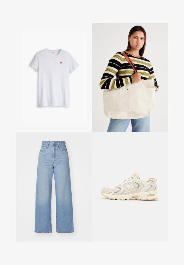Fehér pamut póló rövid ujjakkal és kerek nyakkivágással. A bal melle részén egy kis piros Levi's logó található.; Világoskék, magas derekú, bő szárú farmernadrág, elülső gombbal és cipzárral, elülső és hátsó zsebekkel, fehér háttérrel.; Beige sportcipők hálós és szintetikus burkolatokkal, texturált felülettel, párnázott bokarésszel és "ABZORB" párnázással a saroknál.; Nagy bézs színű vászontáska barna bőr pántokkal, minimalista dizájnnal és látható varrásokkal.