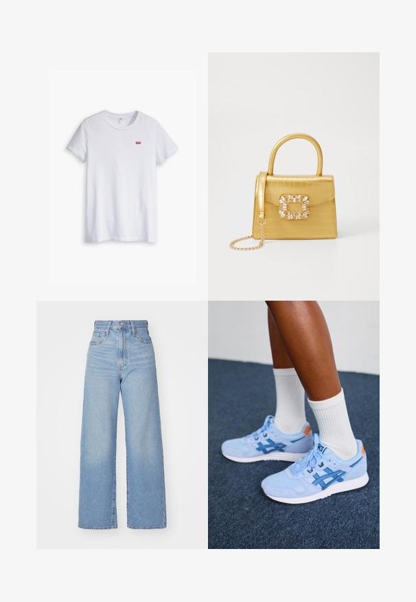 T-shirt branca de algodão com mangas curtas e decote redondo. Apresenta um pequeno logotipo vermelho da Levi's na área do peito esquerdo.; Jeans de cintura alta e perna larga em azul claro, com fecho frontal de botão e zíper, bolsos frontais e traseiros, sobre um fundo branco.; Pernas vestindo tênis Asics azul claros com solas brancas e meias brancas até o tornozelo, em pé sobre um chão escuro coberto com carpete.; Bolsa amarela em pele de crocodilo falsa, com um design estruturado, pega no topo, alça de corrente removível e decoração de cristal no fecho.
