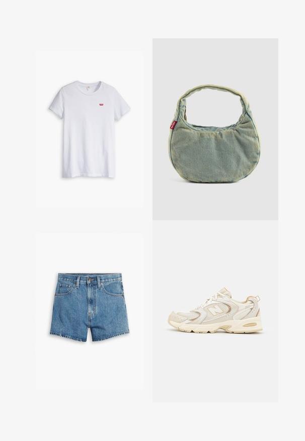 Hvit bomull T-skjorte med korte ermer og rund hals. Har en liten rød Levi's-logo på venstre bryst.; Lys blå denimshorts med fem lommer, glidelås og knappefeste. Bunnkanten er slitt med et avslappet passformdesign.; Beige idrettssko med mesh og syntetiske dekninger, med en teksturert overflate, polstret krage og "ABZORB" demping i hælen.; Lyseblå denim håndveske med kort, polstret håndtak og liten rød Levi's-logo tag på siden, satt mot en ensfarget bakgrunn.