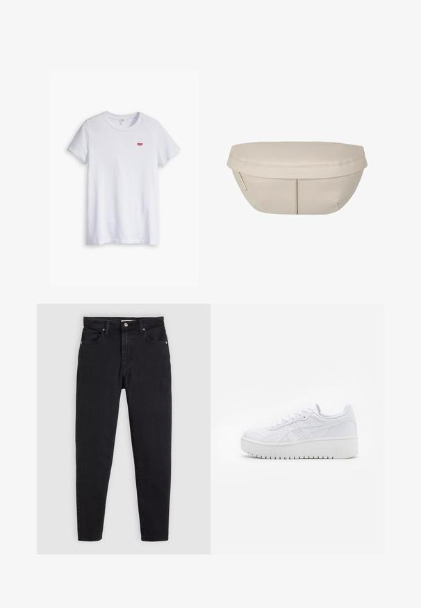 Bílý bavlněný tričko s krátkým rukávem a kulatým výstřihem. Na levé straně hrudníku je malé červené logo Levi's.; Černé džíny z denimu se slim fit střihem, pěti kapsami a stříbrnými detaily. Mají zapínání na knoflík a hladkou texturu.; Bílé platformové tenisky s hladkým koženým povrchem, perforovanými detaily a plochými tkaničkami; mají silnou bílou gumovou podrážku.; Beige textilní taštička s kulatým tvarem, která má plochý vršek a jemné švy. Obsahuje minimalistické logo a boční popruh.