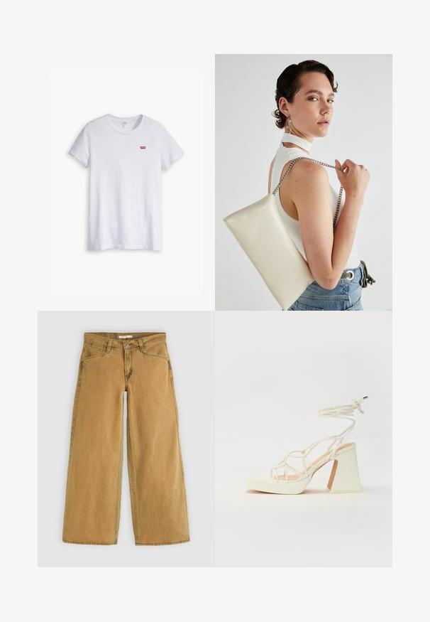 Biela bavlnená tričko s krátkymi rukávmi a okrúhlym výstrihom. Na ľavej strane hrude sa nachádza malé červené logo Levi's.; Široké hnedé denimové nohavice s vysokým pásom, s predným zapínaním na gombík, piatimi vreckami a mierne vyblednutým vzhľadom.; Biele sandále na vysokom opätku s hrubým podpätkom, s pruhovaným dizajnom a viazaním na členku. Hladký povrch s platformou vpredu pre zvýšenú výšku.; Biely obdĺžnikový kabelka z lesklého materiálu s strieborným reťazovým popruhom. Model predvádza kabelku na jednotnom pozadí.