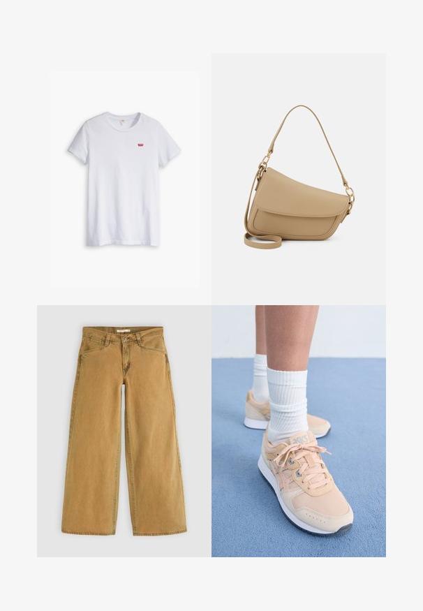 Balta medvilninė marškinė su trumpomis rankovėmis ir apvaliu kaklu. Savybėje yra mažas raudonas Levi's logotipas kairėje krūtinės pusėje.; Plačios kojos, rudos džinsinės kelnės su aukštu liemeniu, turinčios priekinį mygtuką, penkias kišenes ir šiek tiek blukintą apdailą.; Šviesiai persikovo spalvos sportiniai bateliai su tekstiline viršutine dalimi, balta guma padu ir raištelių užsegimu. Derinami su raukinėtais baltais kojiniais ir padėti ant mėlynos paviršiaus.; Even&Odd Rankinė - beige