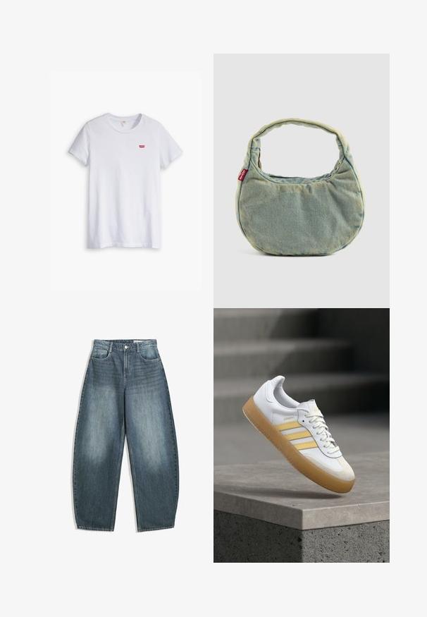 Bijela pamučna majica s kratkim rukavima i okruglim izrezom. Ima mali crveni Levi's logo na lijevoj strani prsnog dijela.; Svijetloplavi široki traperice s visokom strukom, pet džepova, suptilnim izbljeđivanjem i šavovima duž šavova.; Bijela kožna tenisica sa žutim detaljima, tri pruge i đonom od gumene gume. Ima zaobljeni vrh i teksturirani jezik.; Svijetloplavi traper torba s kratkom podstavljenom drškom i malom crvenom Levi's oznakom s strane, postavljena na jednostavnu pozadinu.