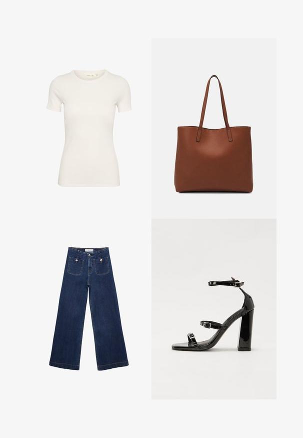 Lyhythihainen valkoinen T-paita, joka on valmistettu ribbikankaasta, jossa on pyöreä kaula-aukko ja istuva siluetti. Ei näkyviä kuvioita tai yksityiskohtia.; Tummansiniset leveälahkeiset farkut, joissa on kaksi etutaskua koristeellisin nappikuvioin ja suora lahje.; Musta kiiltävä korkokenkä sandaalit neliönmuotoisella varpaalla, nilkkaremmillä ja hopeisilla soljilla. Varustettu tukevalla lohkokorkealla vakauden takaamiseksi.; Ruskea nahkainen olkalaukku, jossa on sileä pinta, avoin yläosa ja kaksi olkahihnaa. Omaavat vain minimaalisen ompelun eikä näkyvää metalliosaa.