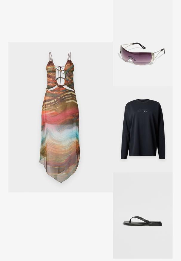 Černé sportovní tričko s dlouhými rukávy vyrobené z texturované látky, s reflexním logem na přední straně a kulatým výstřihem.; Vícebarevné průsvitné šaty s nastavitelnými ramínky, výřezy a splývavým lemem. Abstraktní vzor zahrnuje teplé tóny a tyrkysové akcenty.; Černé žabky vyrobené z hladké kůže, s tenkým designem popruhu a plochou podrážkou s minimálním profilem. Žádné výrazné vzory ani akcenty.; Sluneční brýle s velkým zakřiveným purpurovým sklem, stříbrnými kovovými akcenty a černými nohami s logem. Na obroučkách jsou viditelné texturované detaily.; Olivově zelená kabelka z imitace kůže se stříbrnou hvězdou, dvojitými rukojeťmi a zipovým uzávěrem. Texturovaný povrch a strukturovaný tvar.