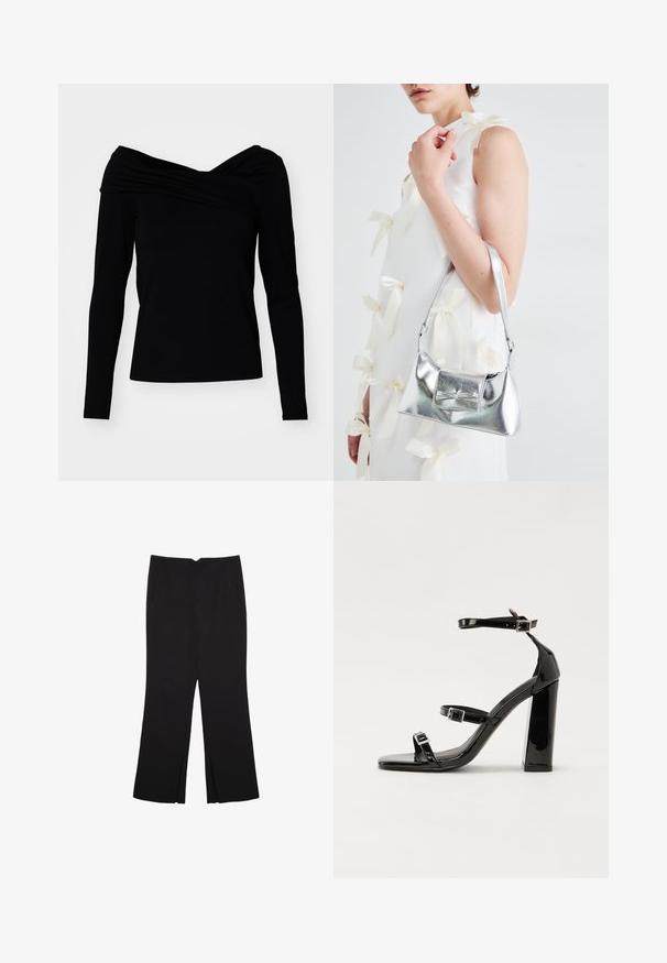 Črni top brez naramnic z dolgimi rokavi, z drapiranim dizajnom in gladko teksturo za oprijet silhueto.; Črne hlače ravnega kroja z naglavnimi žepi in stranskimi razporki na robu. Narejene iz mehke, gladke tkanine. Primerne za različne priložnosti.; Črne lakirane sandale s peto, kvadratnim prstom, trakovi okrog gležnja in srebrnimi zaponkami. Opremljene so s stabilno Debelo peto.; Srebrna metalna torbica z oblikovano strukturo, ki ima zgornji ročaj in detajl v obliki mašne spredaj. Gladka tekstura, z odsevnimi površinami.