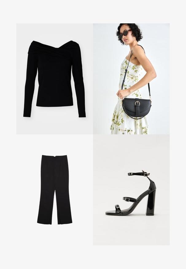 Czarna bluzka odsłaniająca ramiona z długimi rękawami, z zasłoniętym krojem i gładką teksturą, zapewniająca dopasowaną sylwetkę.; Czarne spodnie o prostym kroju, z przednimi kieszeniami i bocznymi rozcięciami na dole. Wykonane z miękkiego, gładkiego materiału. Odpowiednie na różne okazje.; Czarne lakierowane sandały na wysokim obcasie, z dwoma paskami zapinanymi na klamry, kwadratowy nosek i masywny obcas typu słupek, o gładkiej, błyszczącej fakturze.; Czarna skórzana torebka o zakrzywionym kształcie, z odpinanym paskiem i złotymi akcentami. Torebka posiada klapę z zapięciem w kształcie klamry.