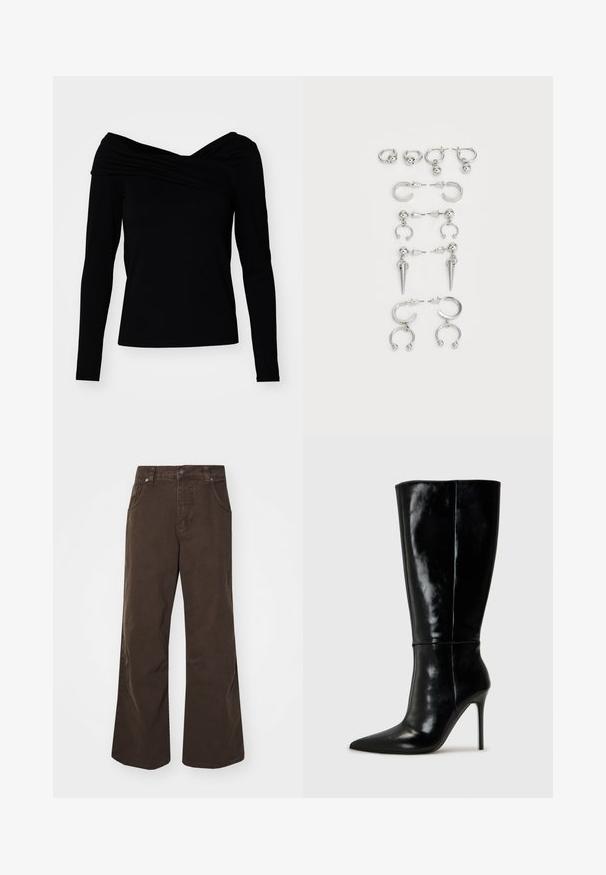 Čierny top bez ramienok s dlhými rukávmi, ktorý má záhybový dizajn a hladkú textúru, čím vytvára priliehavý siluetu.; Hnedé nohavice s širokými nohavicami vyrobené z bavlny, s vysokým pásom, prednými vreckami a hladkou textúrou. Dokončenie obsahuje jemné detaily prešitia.; Čierne kožené čižmy po kolená s špicatou špičkou a vysokým stiletto podpätkom. Hladká textúra a elegantný dizajn s minimálnymi detailmi.; Sada strieborných náušníc s rôznymi dizajnmi: kruhové, puzety a visiace štýly, s okrúhlymi akcentmi a špicatými prvkami.