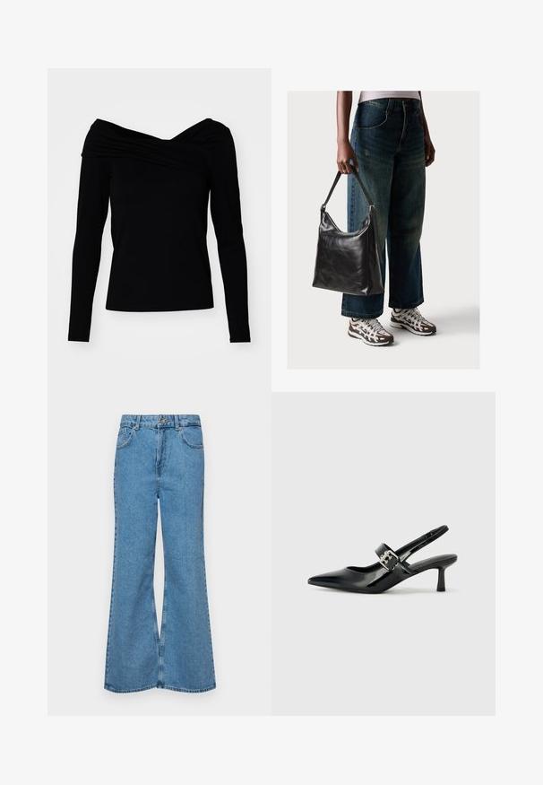 Svart off-the-shoulder topp med lange ermer, med en drapert design og glatt tekstur for en tettsittende silhuett.; Lyseblå vide jeans laget av denim, med høyt liv, fem lommer og en enkelt knappelukking. Myk tekstur med falmet finish.; Svarte patent lær slingback hæler med spiss tå og en liten blokkheel, med en sølvspenne som detalj på stroppen.; Sort skinnveske med en glatt tekstur og justerbar stropp, kombinert med falmede vide jeans og atletiske sneakers.