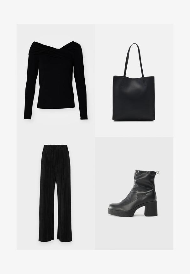 Svart off-the-shoulder topp med lange ermer, med en drapert design og glatt tekstur for en tettsittende silhuett.; Sorte plisserte bukser med elastisk midje. Har vide ben og et glatt, strukturert stoff med vertikale striper.; Svarte ankelstøvler laget av glatt lær, med glidelås på siden, chunky strukturert hæl, og rund tå-design.; Svart lær tote bag med glatt tekstur, rektangulær form og to lange håndtak. Ingen synlige deler eller dekorasjoner.