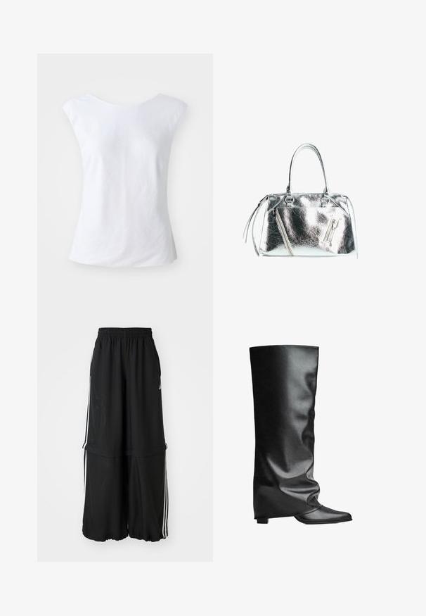 Biela bezrukávová blúzka s okrúhlym výstrihom, vyrobená z textúrovanej látky. Jednoduchý, nezdobený dizajn s uvoľneným strihom.; Čierne športové nohavice s elastickým pásom, bočnými prúžkami a voľným strihom so zúženým lemom pre vzdušný siluetu.; Čierne kožené vysoké topánky s hladkou textúrou, voľným dizajnom, špicatou špičkou a nízkym štvorcovým podpätkom. Minimalistický štýl bez viditeľného kovania.; Metalická strieborná kabelka so štruktúrovaným tvarom, dvoma hornými držadlami a zipsovými vreckami vpredu. Hladký a lesklý povrch.