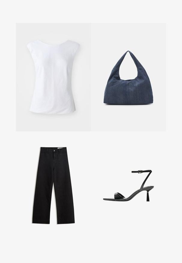 Bela brezrokavna majica z okroglo ovratnikom, izdelana iz teksturirane tkanine. Preprost, neokrašen dizajn z udobnim krojem.; Črne široke denim hlače z visokim pasom, ki imajo sprednje in zadnje žepe, šivane šive ter gumbasto zapiranje. Gladka tekstura.; Bershka Sandali z visoko peto - black; Temno moder jeans torba z mehko, sproščeno obliko, ki ima hobo slog ročaja in teksturirano površino. Brez vidnih kovinskih dodatkov.