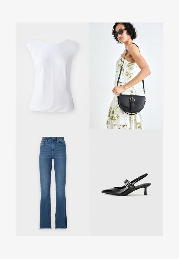 Valge ilma varrukateta top, ümmarguse kaelusega, valmistatud tekstuuritud kangast. Lihtne, kaunistusteta disain ja mugav lõige.; Laienevate siniste teksade kõrge talje, millel on replika lähenev äär ja viie tasku disain. Sile tekstuur koos peene pleekimisega.; Mustad patenteeritud nahast sildiga kontsad, millel on terav nina ja väike plokk-konts, mille rihmal on hõbedane pandla aksessuaar.; Mustmust mustraha kõverate joontega, eemaldatava rihmaga ja kuldsete detailidega. Kotil on klapp, millel on pandladetail.