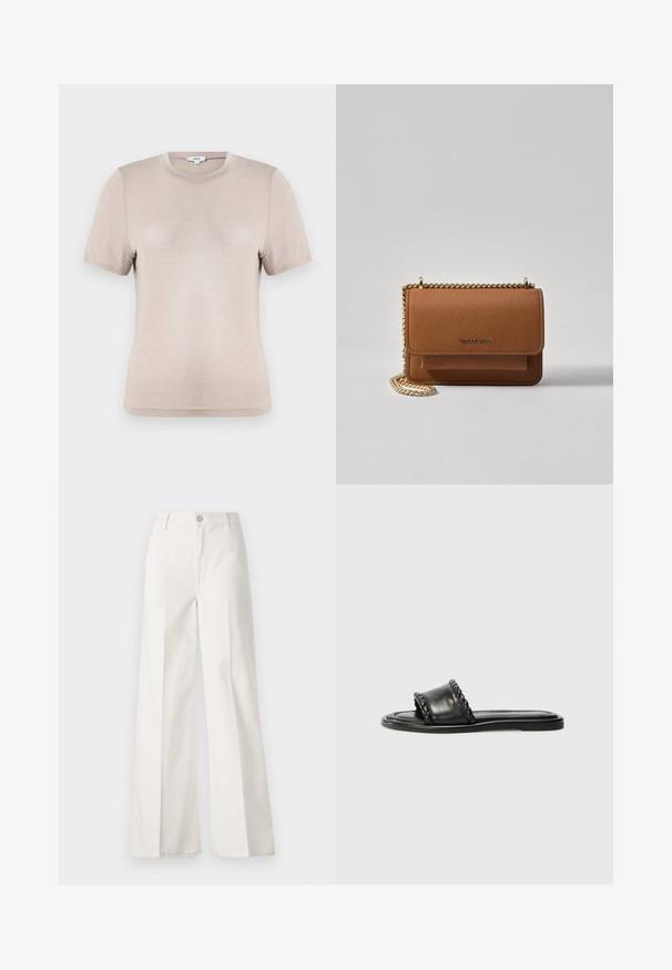 Beige rövid ujjú póló, puha anyagból készült. Kerek nyakkal és egyszerű kialakítással rendelkezik, sima textúrával és látható minták nélkül.; Fehér, bővebb nadrág, amely pamutból készült, sima textúrával. Elöl gombbal, cipzáras záródással és négy zsebes kialakítással rendelkezik.; Fekete bőr szandál szőtt pánt részlettel, lapos talppal és letisztult dizájnnal. Sima textúra és minimalista profil.; Barna textúrájú bőr keresztbody táska arany lánc pánttal és fedélzárral. Az elején logó részlet és egy zseb található a fedél alatt.