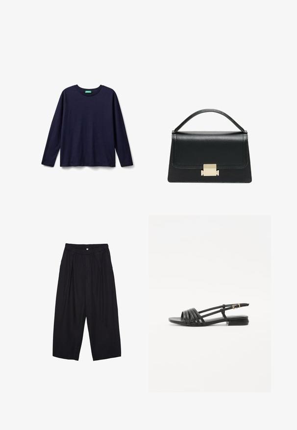 United Colors of Benetton LIGHT - Langarmshirt - blue; Schwarze Polyester-Culotte mit einem elastischen Bund, zwei vorderen Falten und einer lockeren Silhouette. Keine sichtbaren Muster oder Hardware-Details.; Schwarze flache Sandalen mit einem Riemen-Design, das mehrere Lederstraps und eine schmale Schnalle am Knöchel umfasst. Die Sohle ist flach und rechteckig.; Schwarze Lederhandtasche mit strukturiertem Design, oberem Griff und einem goldenen Metallschnappverschluss auf der Vorderseite. Glatte Textur, minimale Nähte.