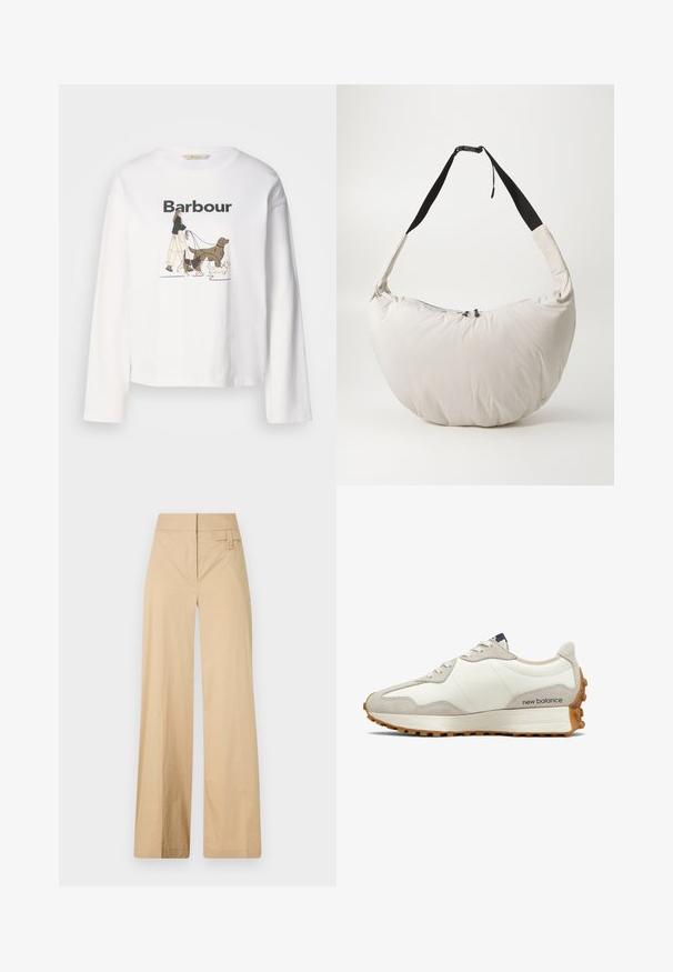 Tricou alb cu mânecă lungă, având un grafic care înfățișează o persoană care plimbă trei câini, cu "Barbour" imprimat deasupra în negru.; Pantaloni bej cu croi larg, dintr-un amestec de bumbac. Au o textură netedă, talie elastică și un detaliu cu buton lateral.; Pantof sport alb și bej cu partea superioară din piele netedă și accente din piele intoarsă. Prezintă șireturi rotunde, o talpă cu amortizare și o talpă exterioară din cauciuc texturat.; Geantă de umăr căptușită, de culoare bej deschis, cu o formă curbată, în formă de semilună. Curea neagră, închidere cu fermoar și un logo subtil pe față. Textură moale.