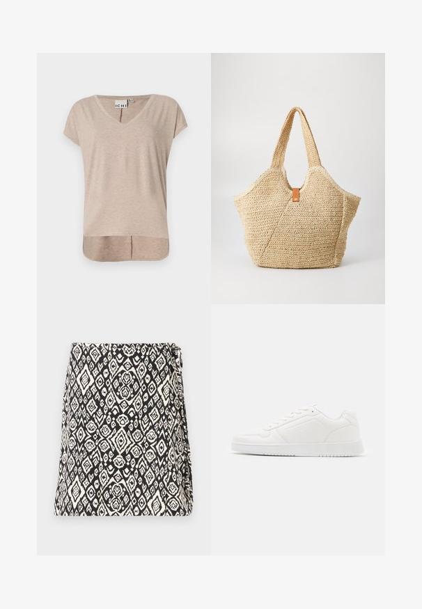 Beige, short-sleeve V-neck t-shirt with a straight cut and high-low hem. Made of soft, lightweight material with a subtle heather pattern.; Black and white bag featuring a geometric diamond pattern, made from fabric with a textured finish. Designed with a flap opening.; White sneaker made of smooth synthetic material, featuring a rounded toe, lace-up design, flat sole, and subtle perforated detailing.; Large straw tote bag with a textured, beige exterior and two wide handles. Features a leather accent strap for closure.