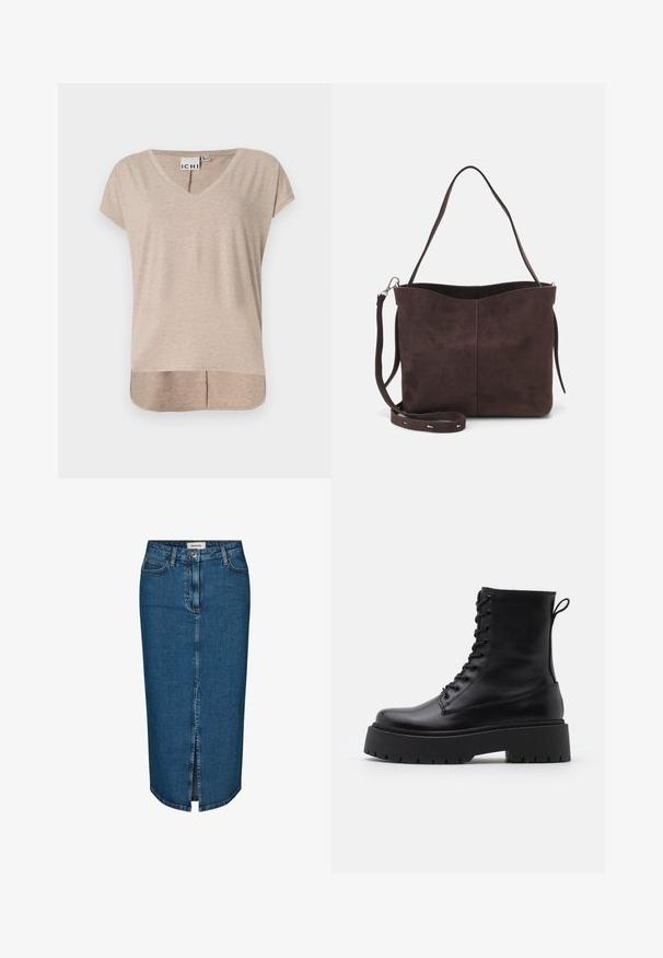 Béžové tričko s krátkým rukávem a výstřihem do V, s rovným střihem a asymetrickým lemem. Vyrobeno z měkkého, lehkého materiálu s jemným melírovaným vzorem.; Džínová tužková sukně v tmavě modré barvě, s předním rozparkem, pěti kapsami a kontrastním prošíváním. Střední pas s klasickým designem.; Černé kožené kotníkové boty s kulatou špičkou, šněrováním na přední straně a silnou gumovou podešví s texturovaným vzorkem. S poutkem vzadu.; Hnědá semišová taška přes rameno s jemnou texturou, vybavená jedním popruhem na rameno a decentním zakřiveným horním otvorem. Žádné viditelné detaily z hardware.