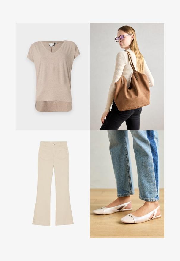 Bežs, īsām piedurknēm V veida kakla t-krekls ar taisnu piegriezumu un augstu-zemu apakšmalu. Izgatavots no mīksta, viegla materiāla ar smalku heather rakstu.; Bēšas platākā stila bikses ar augstu jostasvietu, izgatavotas no kokvilnas auduma. Iekļautas priekšējās un aizmugurējās kabatas, jostas cilpas un viena sudraba pogas.; Bālti rozā siksniņu dzīvokļi ar smailu purngalu, izgatavoti no gludas ādas līdzīgās materiāla. Iezīmē izgriezumu detaļas sānos un platu papēdi.; Burgundijas zamšs tote soma ar mīkstu tekstūru, plašu atveri un garām siksnām. Iezīmē vienkāršu dizainu ar redzamām šuvēm un bez aparatūras.