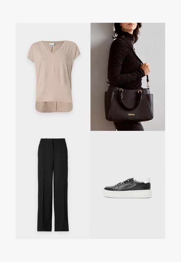 T-shirt beige a maniche corte con scollo a V, dal taglio dritto e orlo più corto davanti e più lungo sul retro. Realizzato in materiale morbido e leggero con un delicato motivo mélange.; Pantaloni neri con design a gamba dritta, caratterizzati da due pieghe frontali, una vita e senza tasche o decorazioni visibili.; Kennel + Schmenger BANG - Sneakers basse - schwarz/bianco; Borsa nera con superficie texturizzata, manici superiori doppi e tracolla regolabile. Dotata di hardware color oro e tasche laterali.