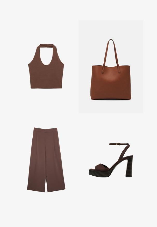 Brown halter top made from a soft, stretchy fabric. Features a deep scoop neckline and wider straps, with a relaxed fit and minimal seams.; Brown wide-leg trousers with a smooth texture, featuring a high waist and front pleats. The fabric is lightweight and flows loosely.; Brown suede high-heeled sandal with an open toe, adjustable ankle strap, and a striped platform sole.; Brown leather tote bag with a smooth texture, open top design, and two shoulder straps. Features minimal stitching and no visible hardware.