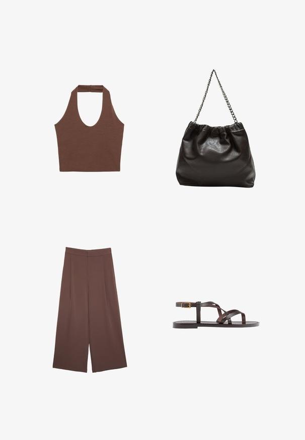 Brun halterneck-top lavet af et blødt, strækbart stof. Har en dyb scoop-halsudskæring og bredere stropper, med en afslappet pasform og minimal syninger.; Brune bredbunde bukser med en glat tekstur, der har høj talje og plisseringer foran. Stoffet er let og falder løst.; Brune lædersandal med krydsende stropper, ankelspænde og en flad sål med minimale syninger.; Brun lædertaske med en rynket top og en kædestrop. Glat tekstur med en blank finish og subtile sømdetaljer på siderne.