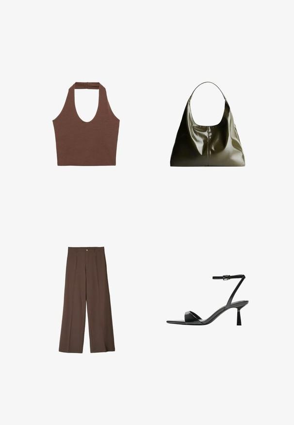 Brun halterneck top tillverkad av ett mjukt, elastiskt tyg. Har en djup skopa och bredare axelremmar, med en avslappnad passform och minimala sömmar.; Bruna vida byxor i ett slätt tyg, med frontveck, knäppning med knapp och raka fållar för en skräddarsydd passform.; Bershka Sandaletter - black; Olivgrön läderaxelväska med en slät, glansig yta. Har en rundad topp och en mjuk, draperad form. Minimalistisk design.