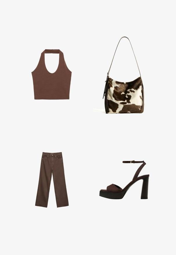 Brun halterneck-top lavet af et blødt, strækbart stof. Har en dyb scoop-halsudskæring og bredere stropper, med en afslappet pasform og minimal syninger.; Bredde ben brun denim jeans med høj talje, forlommer og klassisk knaplukning. Glat tekstur med diskret syninger.; Brune ruskinds højhælede sandal med åben tå, justerbar ankelrem og en stribet plade sål.; Brun og creme farvet koe læder skuldertaske med en glat læderrem, lynlås lukning og en blød, tekstureret overflade med et naturligt mønster.; Guldtonet metal ørering med et slankt, buet design. Har en karakteristisk spids form, poleret overflade og hængselåbning.