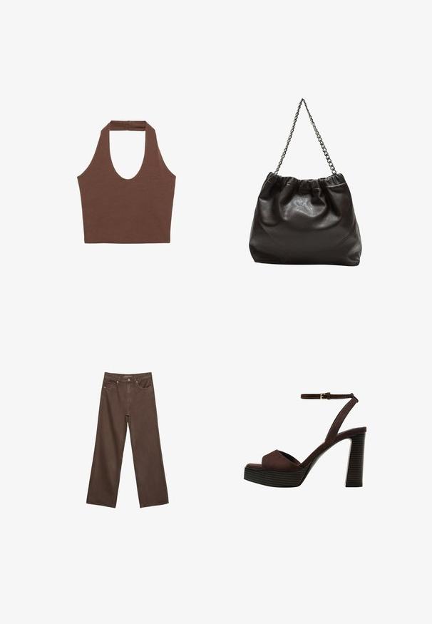 Brun halterneck-top lavet af et blødt, strækbart stof. Har en dyb scoop-halsudskæring og bredere stropper, med en afslappet pasform og minimal syninger.; Bredde ben brun denim jeans med høj talje, forlommer og klassisk knaplukning. Glat tekstur med diskret syninger.; Brune ruskinds højhælede sandal med åben tå, justerbar ankelrem og en stribet plade sål.; Brun lædertaske med en rynket top og en kædestrop. Glat tekstur med en blank finish og subtile sømdetaljer på siderne.
