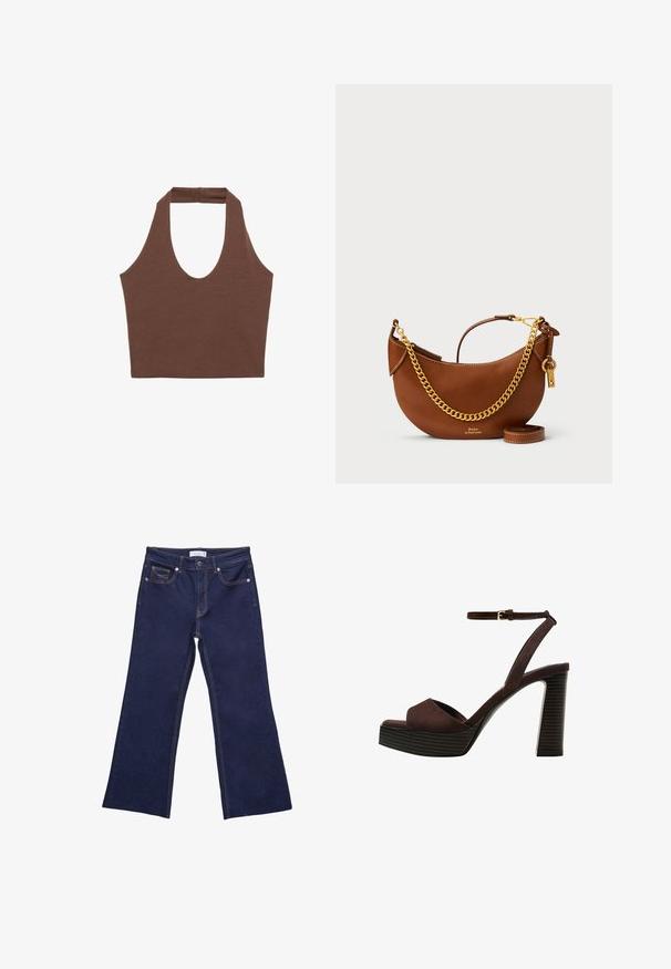 Rjav halter top, izdelan iz mehkega in elastičnega materiala. Ima globok izrez in širše naramnice, sproščen kroj ter minimalne šive.; Široke temno modre kavbojke iz denima, ki imajo kontrastno oranžno šivanje, pet žepov in en gumb na zapenjanju v pasu.; Rjave semiš sandale z visoko peto, odprto spredaj, z nastavljivim gležnjenjem in črtastim podplatom.; Rjava usnjena torbica s ukrivljenim dizajnom, zlatim verižnim trakom, notranjim žepom in snemljivim ramenskim trakom. Ima kontrastno šivanje.; Zlata uhani v obliki obroča z zaobljeno, rahlo teksturirano zasnovo, nošeni na levem ušesu ob ozadju temnih las in črne obleke.