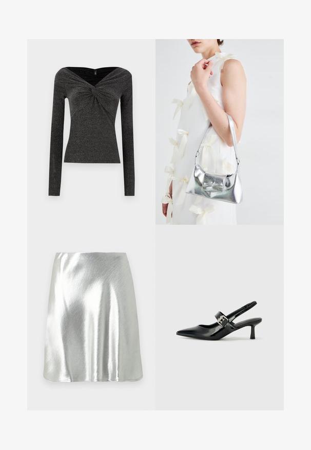 Black long-sleeve top with a twisted front design, made of a textured, sparkly fabric. Features a wide, off-the-shoulder neckline.; Silver metallic mini skirt with a smooth texture and a slight sheen. Features a flared design and a simple, clean cut hemline.; Black patent leather slingback heels with a pointed toe and a small block heel, featuring a silver buckle accent on the strap.; Silver metallic handbag with a structured shape, featuring a top handle and bow detail on the front. Smooth texture, reflective finish.
